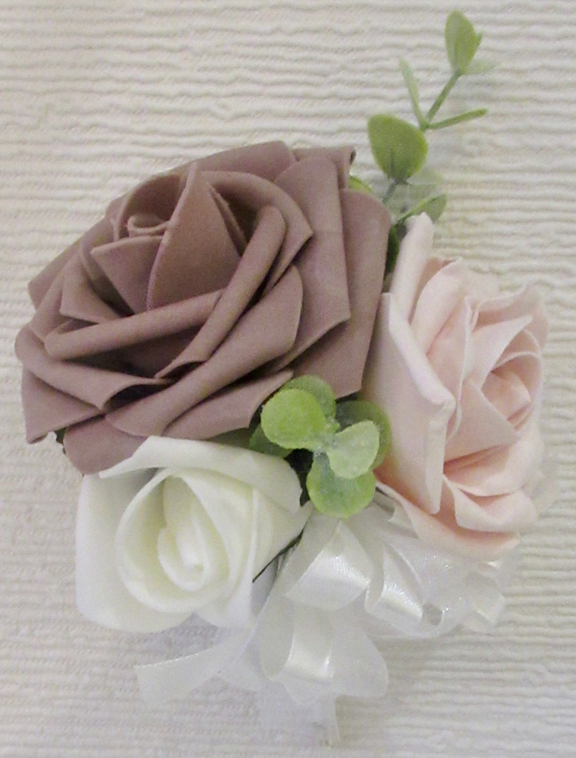 mink taupe and blush corsage for weddings